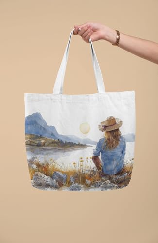 Art to Doors | Girl sitting beside Lake Theme | Tote Bags | Shopping Bag For Grocery | Aesthetic Carry Bag | Tote Bag for Shopping, Travel, office & beach bags for women