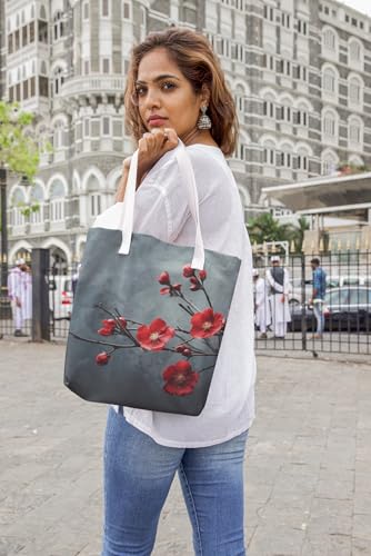 Art to Doors | Red Blossom on Gray | Tote Bags | Shopping Bag For Grocery | Aesthetic Carry Bag | Tote Bag for Shopping, Travel, office & beach bags for women