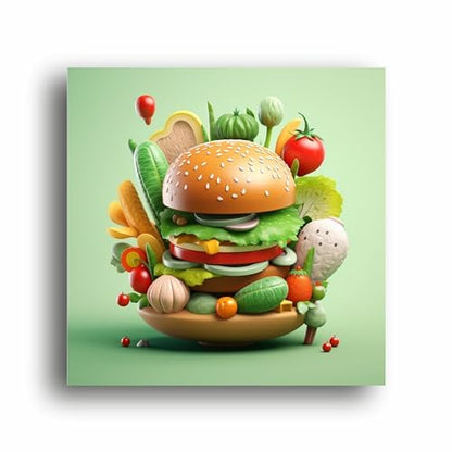 Veggie Delight: Overloaded Burger Illustration Canvas Print - Satisfy Cravings in Artistic Flavor! | Canvas Wrap Wooden Framed | Personalized Gift For Anniversary, Birthday, Home Decor (10x10 Inch)