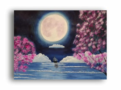 Art to Doors | Moon Light & The Boat | Artist Sudesh Kundley | Horizontal | Art Print | Home Decor | Wall Decor | Gift Items | Wall Art