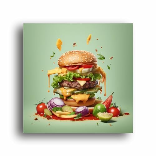 Wholesome Delight: Burger & Veggie Canvas Print - Artistic Flavor for Your Walls! | Canvas Wrap Wooden Framed | Personalized Gift For Anniversary, Birthday, Wedding, Home Decor (10x10 Inch)