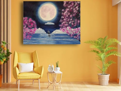 Art to Doors | Moon Light & The Boat | Artist Sudesh Kundley | Horizontal | Art Print | Home Decor | Wall Decor | Gift Items | Wall Art