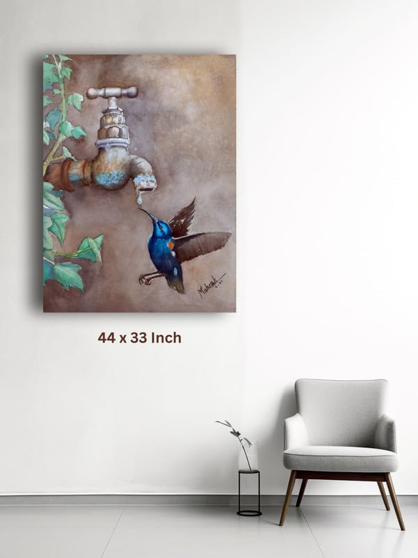 Art to Doors| Bird Drinking Water Droplet | Artist Mahesh Shawrikar | Rectangle | Art Print | Home Decor | Wall Decor | Gift Items | Canvas Frame