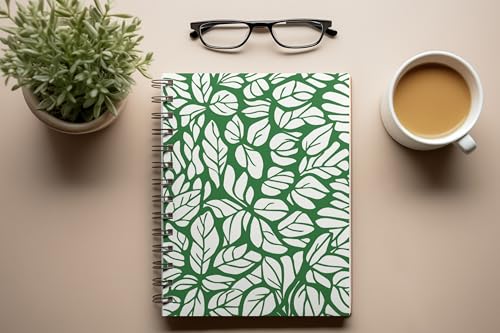 Art to Doors | White Leaves on Green Background | Spiral Notebooks | A5 Size Paper | 120 Pages | 70 GSM Paper | Attractive Cover Designs