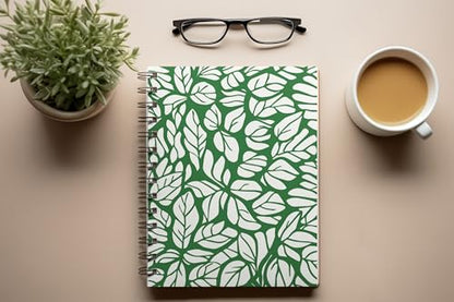 Art to Doors | White Leaves on Green Background | Spiral Notebooks | A5 Size Paper | 120 Pages | 70 GSM Paper | Attractive Cover Designs