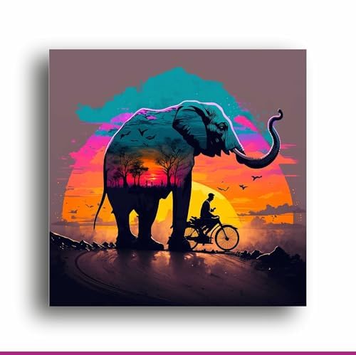 Art to Doors Rolling with Elephants: Vibrant Red Motorcycle & Elephant Illustration on Canvas | Personalized Gift For Anniversary, Birthday, Wedding, Home Decor