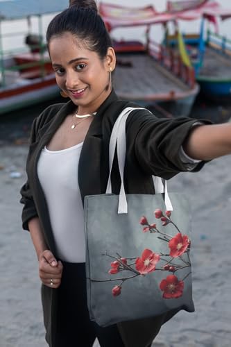 Art to Doors | Red Blossom on Gray | Tote Bags | Shopping Bag For Grocery | Aesthetic Carry Bag | Tote Bag for Shopping, Travel, office & beach bags for women