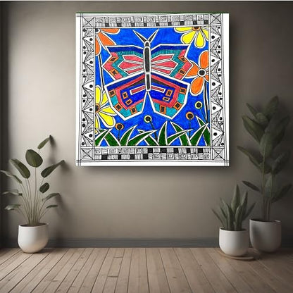 Art to Doors | Madhubani Butterfly | Square | Artist Puja Kumari | Home Decor | Wall Art | Gifts for Women | Gifts for Men | Canvas Frame