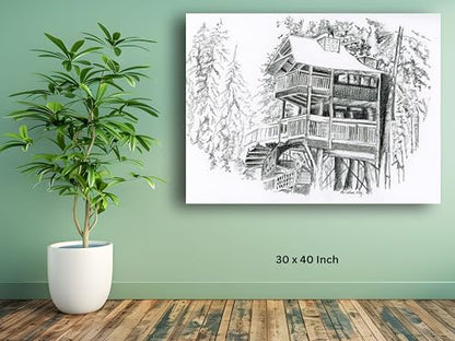 Art to Doors | Snow Covered Cabin In Woods | Artist Avishek Nag | Horizontal | Art Print | Home Decor | Wall Decor | Gifts for Women | Gifts for Men | Gift Items | Wall Art (Canvas Frame, 27x36 Inch)