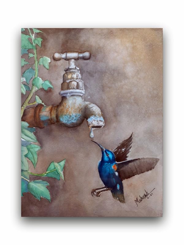 Art to Doors| Bird Drinking Water Droplet | Artist Mahesh Shawrikar | Rectangle | Art Print | Home Decor | Wall Decor | Gift Items | Canvas Frame