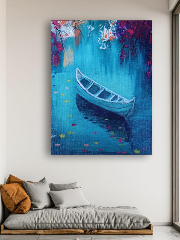 Art to Doors | Boat In A Turquoise Lake | Artist Mayuri Verma | Vertical | Art Print | Home Decor | Gift Items | Wall Art | Canvas Frame