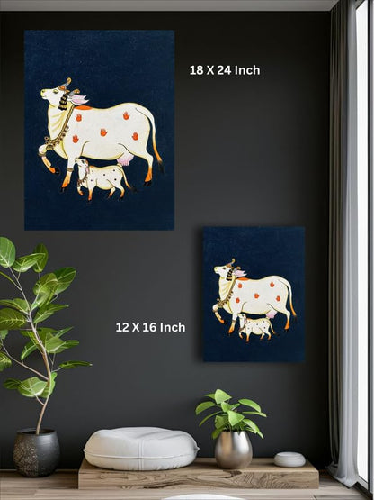 Art to Doors | Cow with a Calf Pichwai Art | Artist Bhavika Kamatkar pote | Vertical | Art Prints | Home Decor | Wall Art | Gift Items | Canvas Frame