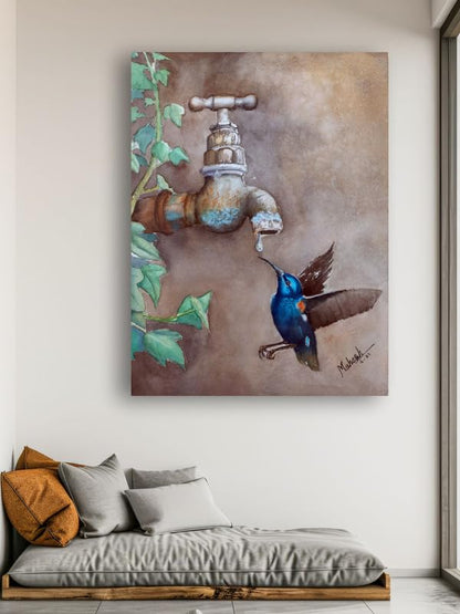 Art to Doors| Bird Drinking Water Droplet | Artist Mahesh Shawrikar | Rectangle | Art Print | Home Decor | Wall Decor | Gift Items | Canvas Frame