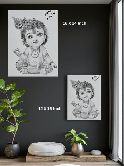 Art to Doors| Pencil Sketch Krishna Boy | Artist Vinith Vijayan | Rectangle | Art Print | Home Decor | Wall Decor | Gift Items | Canvas Frame