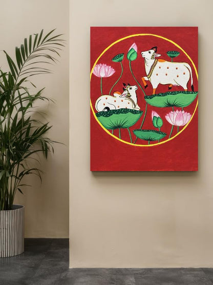 Art to Doors | Cow with Lotus Pichwai Art | Artist Bhavika Kamatkar pote | Vertical | Art Prints | Home Decor | Wall Art | Gift Items | Canvas Frame