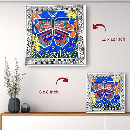 Art to Doors | Madhubani Butterfly | Square | Artist Puja Kumari | Home Decor | Wall Art | Gifts for Women | Gifts for Men | Canvas Frame