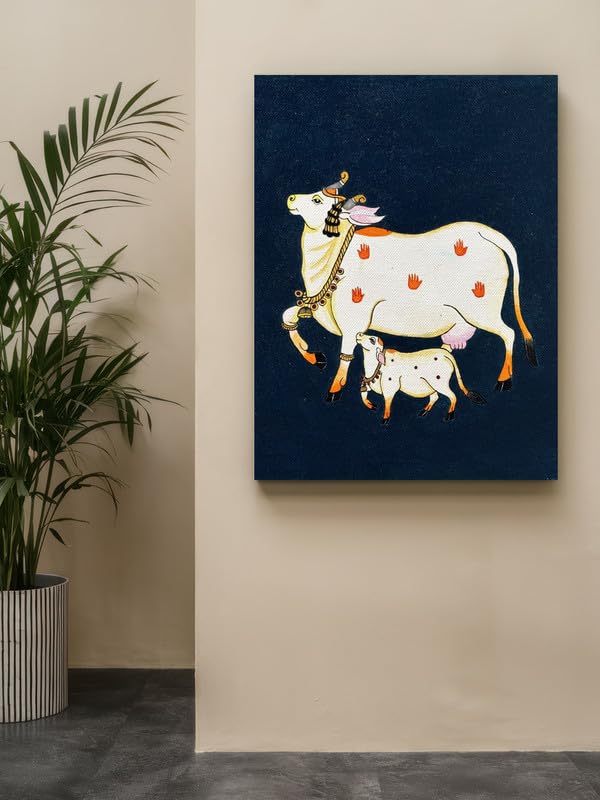 Art to Doors | Cow with a Calf Pichwai Art | Artist Bhavika Kamatkar pote | Vertical | Art Prints | Home Decor | Wall Art | Gift Items | Canvas Frame