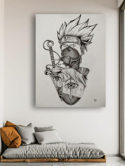 Art to Doors| Kakashi Charcoal Sketch | Artist Aqsa Mohammed Jaweed | Rectangle | Art Print | Home Decor | Wall Decor | Gift Items | Canvas Frame