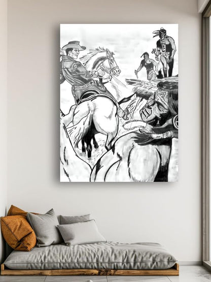 Art to Doors| Sketch Cowboy Indian | Artist Vinith Vijayan | Rectangle | Art Print | Home Decor | Wall Decor | Gift Items | Canvas Frame