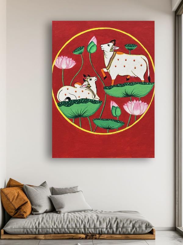 Art to Doors | Cow with Lotus Pichwai Art | Artist Bhavika Kamatkar pote | Vertical | Art Prints | Home Decor | Wall Art | Gift Items | Canvas Frame