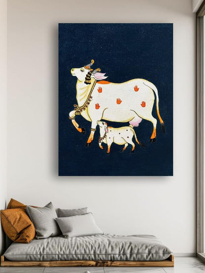 Art to Doors | Cow with a Calf Pichwai Art | Artist Bhavika Kamatkar pote | Vertical | Art Prints | Home Decor | Wall Art | Gift Items | Canvas Frame