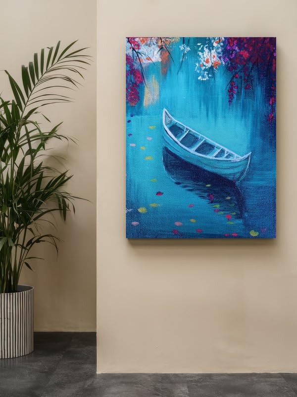 Art to Doors | Boat In A Turquoise Lake | Artist Mayuri Verma | Vertical | Art Print | Home Decor | Gift Items | Wall Art | Canvas Frame