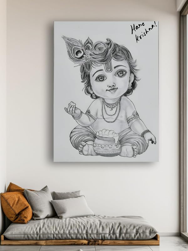 Art to Doors| Pencil Sketch Krishna Boy | Artist Vinith Vijayan | Rectangle | Art Print | Home Decor | Wall Decor | Gift Items | Canvas Frame