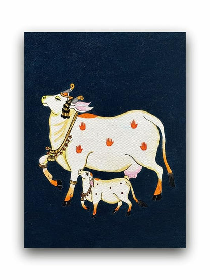 Art to Doors | Cow with a Calf Pichwai Art | Artist Bhavika Kamatkar pote | Vertical | Art Prints | Home Decor | Wall Art | Gift Items | Canvas Frame