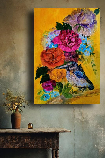 Art to Doors | Flowers And Bird | Artist Alka Mathur | Vertical | Art Print | Home Decor | Wall Decor | Gift Items | Wall Art | Canvas Frame