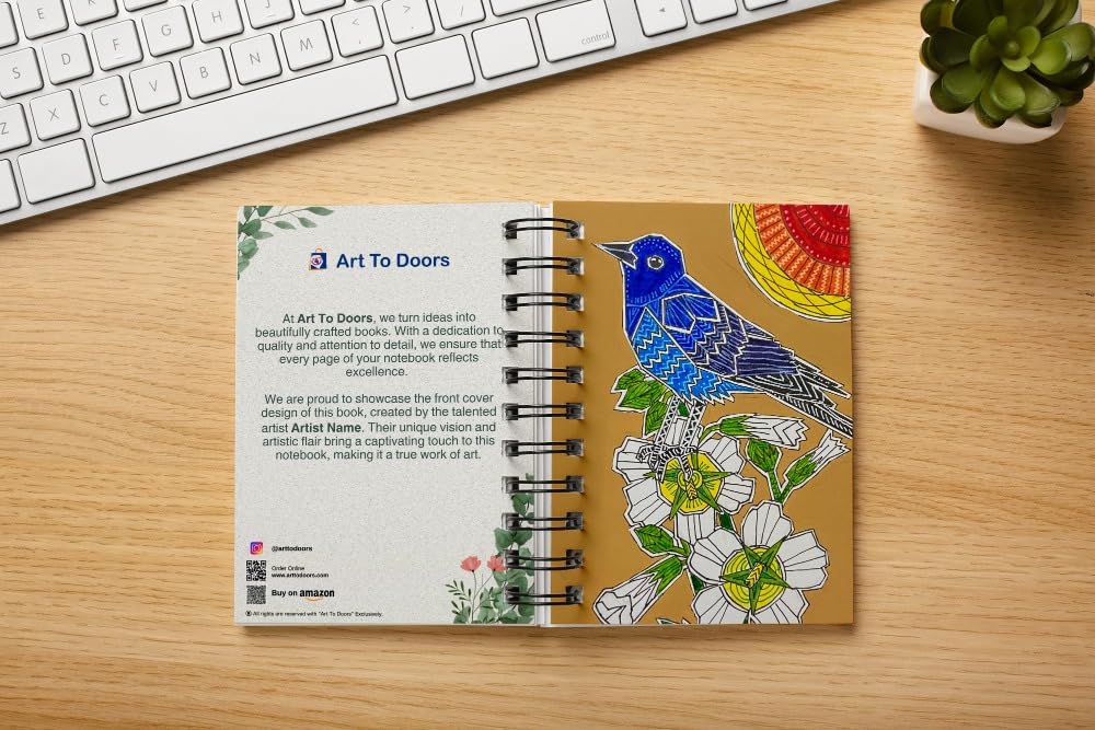 Art to Doors | Bluerock Thrush | Artist Puja Kumari | Spiral Notebooks | A5 Size Paper | 120 Pages | 70 GSM Paper | Attractive Cover Designs | Soft Cover | Notebooks for College Students