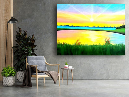 Art to Doors| Lake View Sunset| Artist Prathima Rao G| Rectangle | Art Print | Home Decor | Wall Decor | Gift Items | Canvas Frame