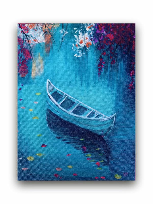 Art to Doors | Boat In A Turquoise Lake | Artist Mayuri Verma | Vertical | Art Print | Home Decor | Gift Items | Wall Art | Canvas Frame