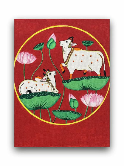 Art to Doors | Cow with Lotus Pichwai Art | Artist Bhavika Kamatkar pote | Vertical | Art Prints | Home Decor | Wall Art | Gift Items | Canvas Frame