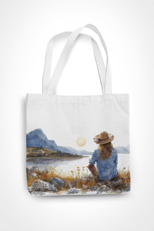 Art to Doors | Girl sitting beside Lake Theme | Tote Bags | Shopping Bag For Grocery | Aesthetic Carry Bag | Tote Bag for Shopping, Travel, office & beach bags for women