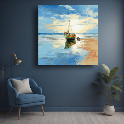 Art to Doors | Serene Beach Boat Art | Square | Art Print | Home Decor | Wall Decor | Gifts for Women | Gifts for Men | Gift Items | Wall Art