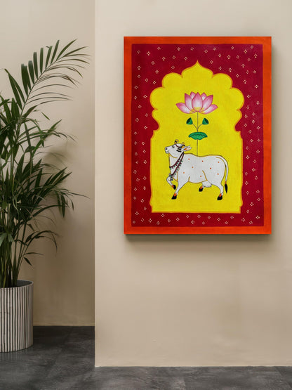 Art to Doors | Folk Art Pichwai Cow | Artist Bhavika Kamatkar Pote | Vertical | Art Prints | Home Decor | Wall Art | Gift Items | Canvas Frame