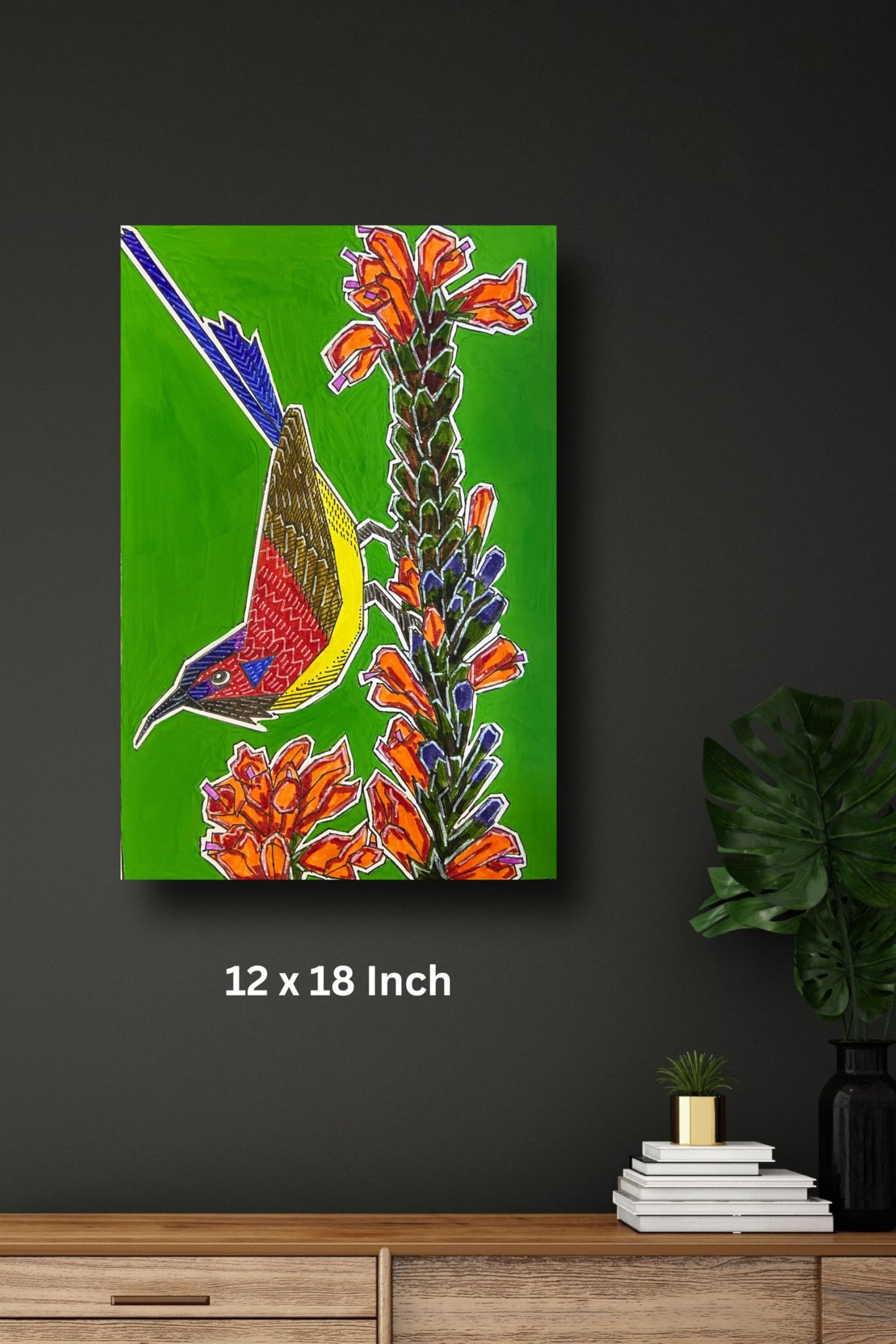 Art to Doors | Sunbird | Artist Puja Kumari | Vertical | Art Prints | Home Decor | Wall Art | Gift Items | Canvas Frame (28x42 Inch)