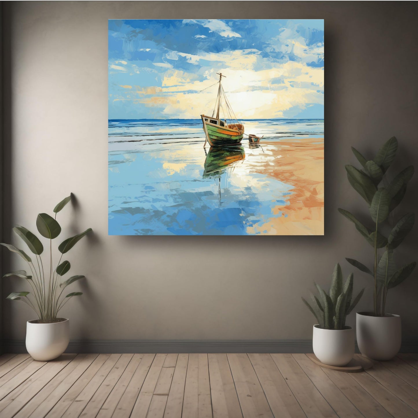 Art to Doors | Serene Beach Boat Art | Square | Art Print | Home Decor | Wall Decor | Gifts for Women | Gifts for Men | Gift Items | Wall Art