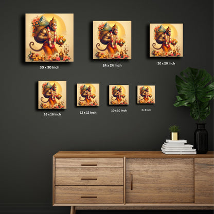 Divine Strength and Devotion: Lord Hanuman Illustration on Canvas Print| Personalized Gift For Anniversary, Birthday, Wedding, Home Decor | Wall Frames For Home Office