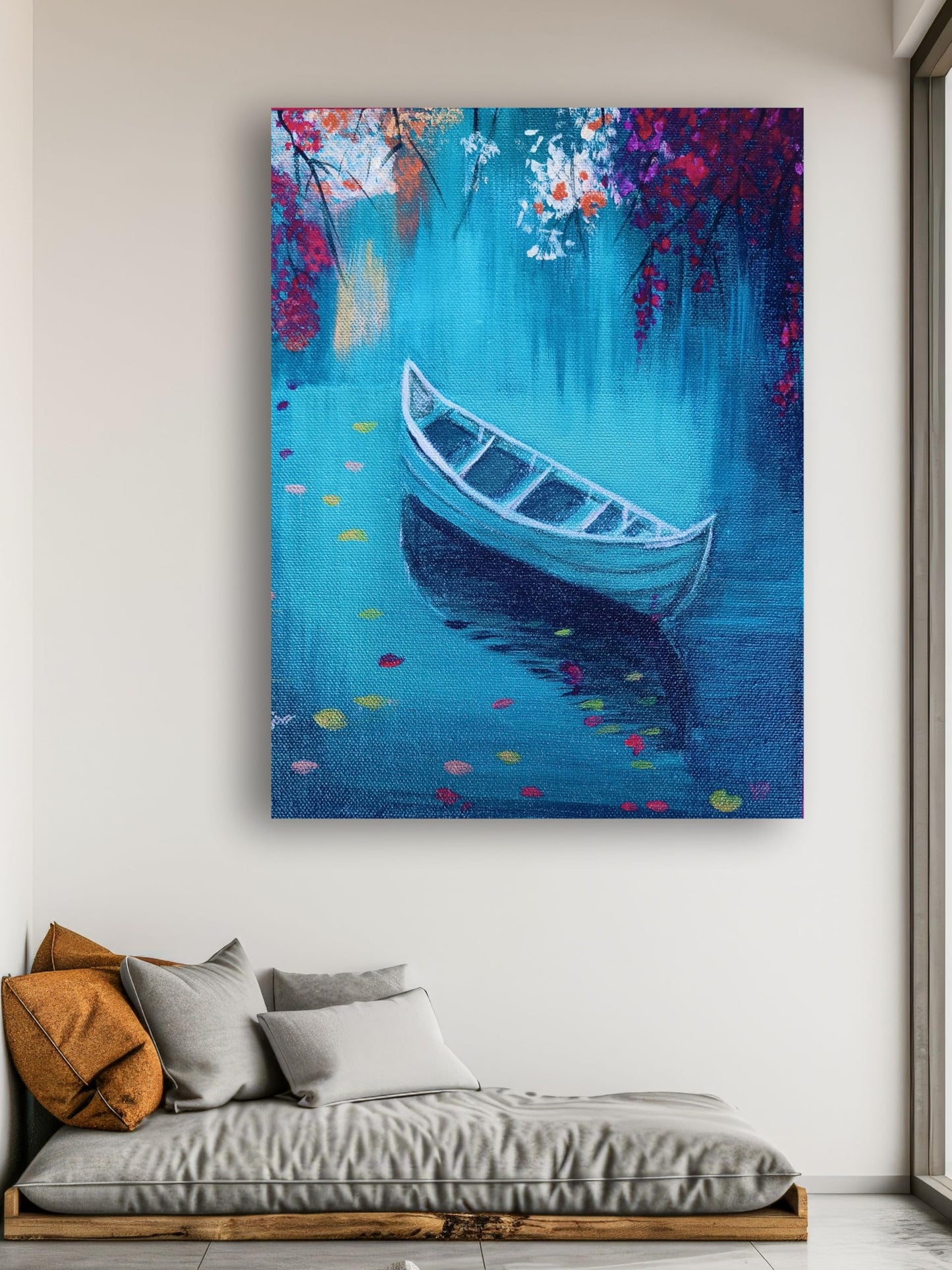 Art to Doors | Boat In A Turquoise Lake | Artist Mayuri Verma | Vertical | Art Print | Home Decor | Wall Decor | Gift Items | Wall Art