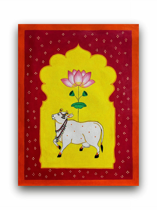 Art to Doors | Folk Art Pichwai Cow | Artist Bhavika Kamatkar Pote | Vertical | Art Prints | Home Decor | Wall Art | Gift Items | Canvas Frame