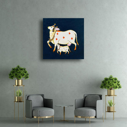 Cow with a Calf Pichwai Art | Artist Bhavika Kamatkar pote | Art Print | Personalized Gift For Anniversary, Home Decor | Wall Frames For Home Office Study Room Decor