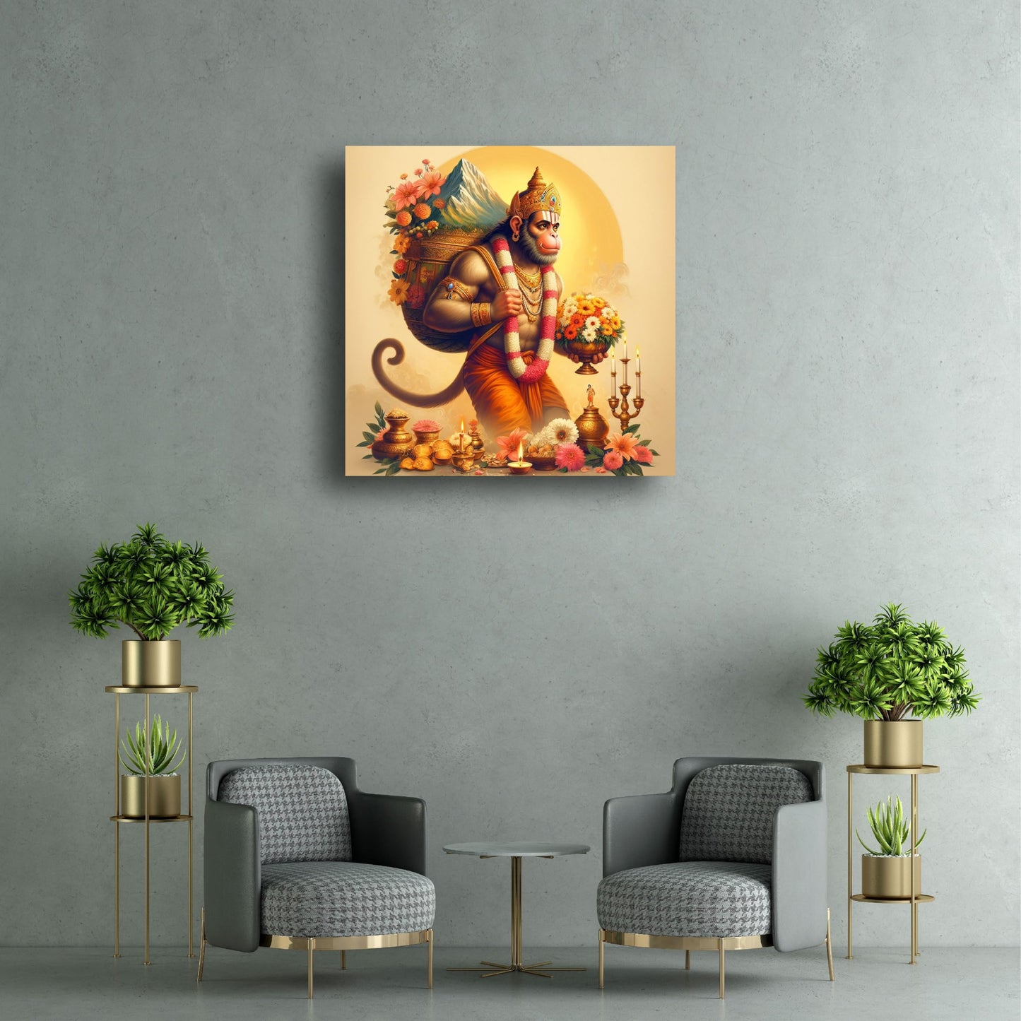 Divine Strength and Devotion: Lord Hanuman Illustration on Canvas Print| Personalized Gift For Anniversary, Birthday, Wedding, Home Decor | Wall Frames For Home Office