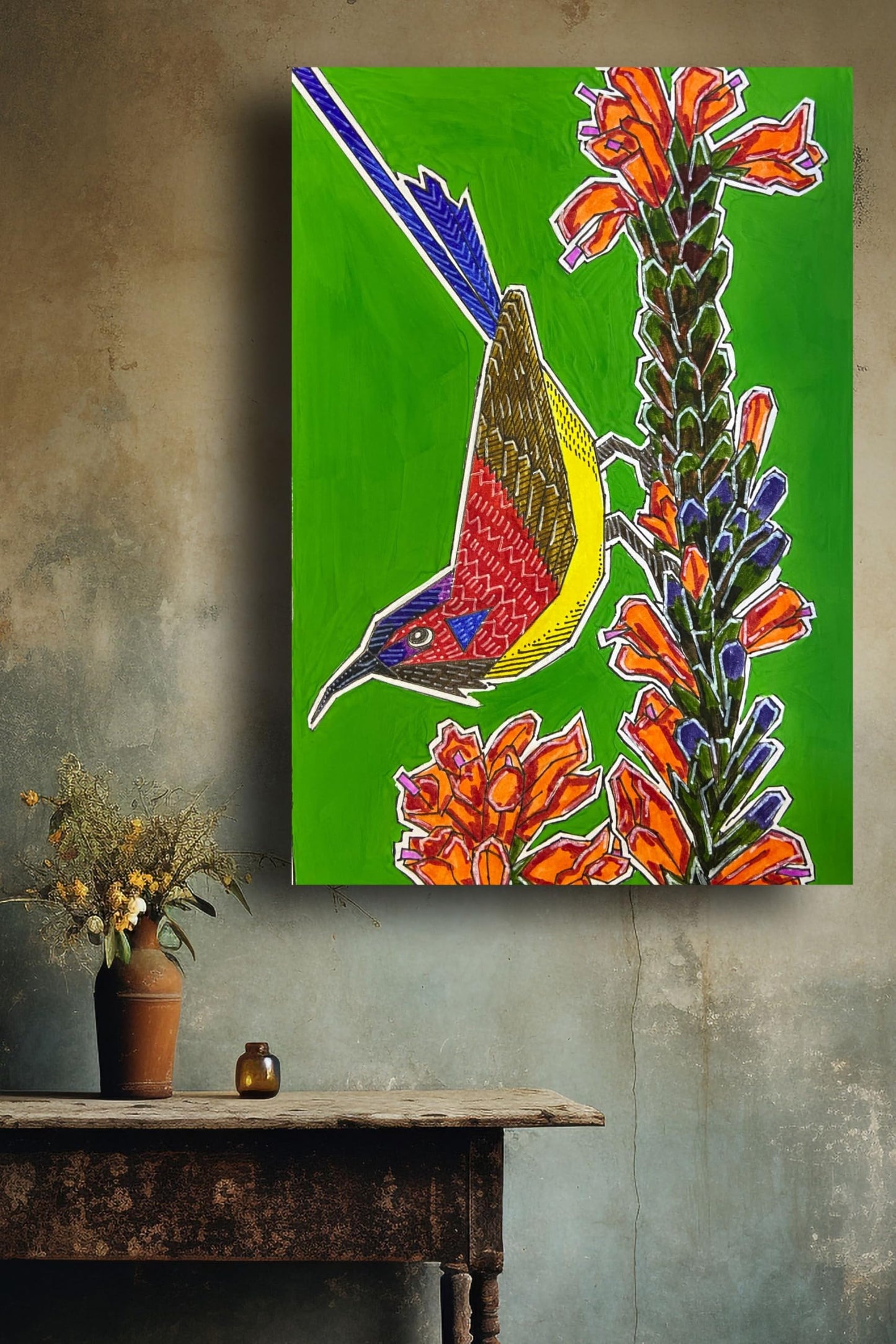 Art to Doors | Sunbird | Artist Puja Kumari | Vertical | Art Prints | Home Decor | Wall Art | Gift Items | Canvas Frame (28x42 Inch)