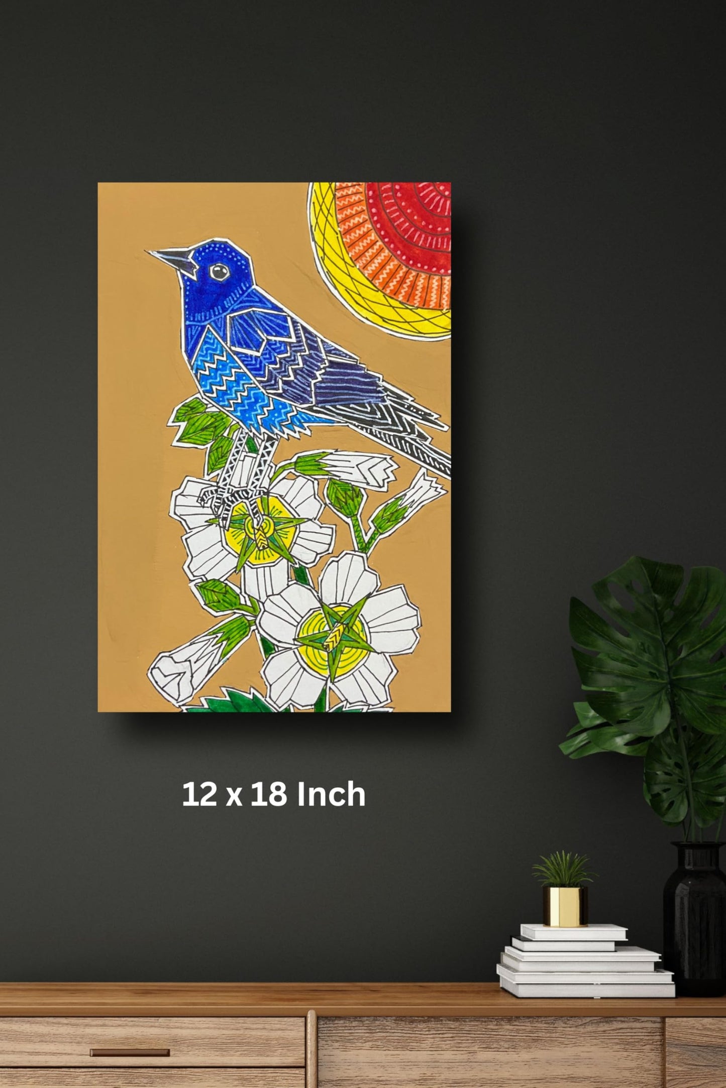 Art to Doors | Bluerock Thrush | Artist Puja Kumari | Vertical | Art Print | Home Decor | Wall Decor | Gifts for Women | Gifts for Men | Gift Items | Wall Art (Canvas Frame, 12x18 Inch)