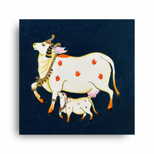 Cow with a Calf Pichwai Art | Artist Bhavika Kamatkar pote | Art Print | Personalized Gift For Anniversary, Home Decor | Wall Frames For Home Office Study Room Decor