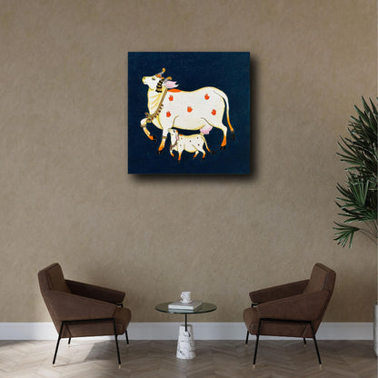 Cow with a Calf Pichwai Art | Artist Bhavika Kamatkar pote | Art Print | Personalized Gift For Anniversary, Home Decor | Wall Frames For Home Office Study Room Decor