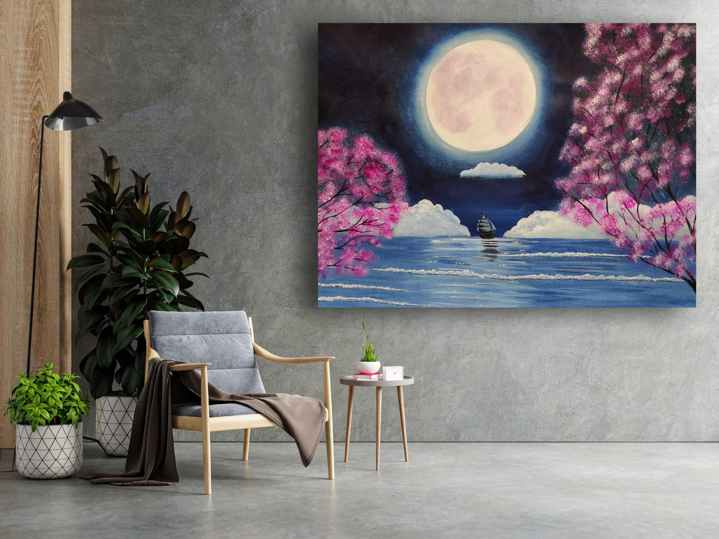 Art to Doors | Moon Light & The Boat | Artist Sudesh Kundley | Horizontal | Art Print | Home Decor | Wall Decor | Gift Items | Wall Art (24x32 Inch)