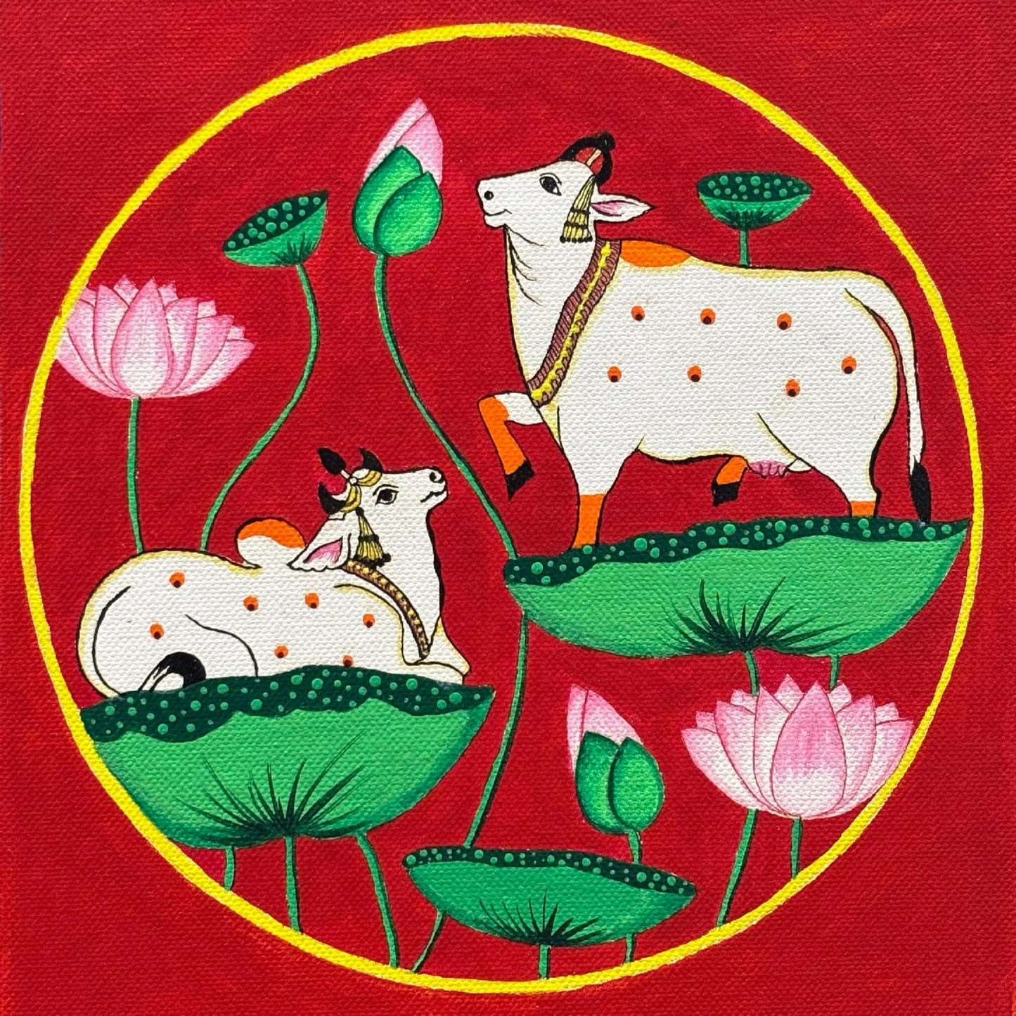 Cow with Lotus Pichwai Art | Artist Bhavika Kamatkar pote | Art Print | Personalized Gift For Anniversary, Home Decor | Wall Frames For Home Office Study Room Decor